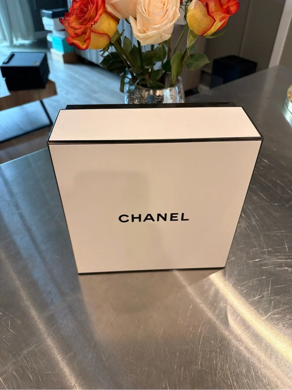 CHANEL White and Black Logo Storage Box